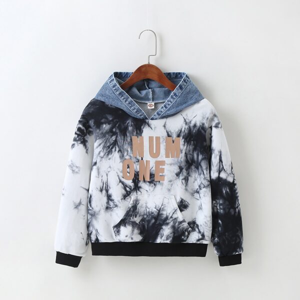 

Boys Tie Dye Letter Graphic Contrast Denim Hoodie, Black and white