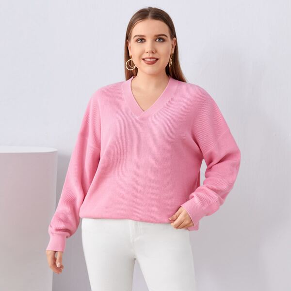 

Plus V-neck Drop Shoulder Sweater, Pastel baby pink