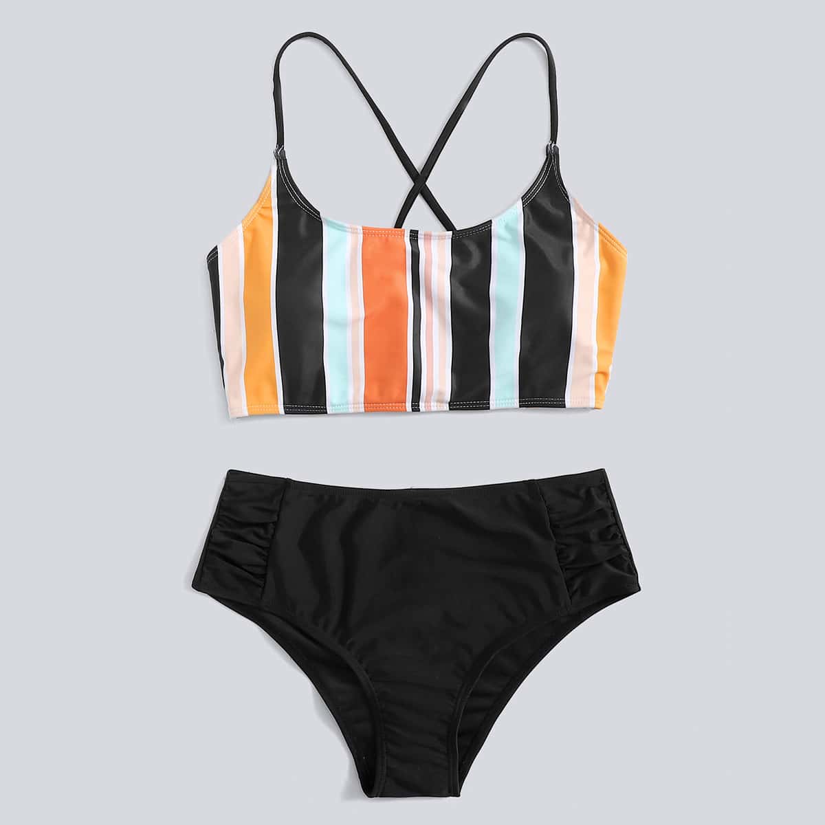 

Striped High Waisted Bikini Swimsuit, Multicolor