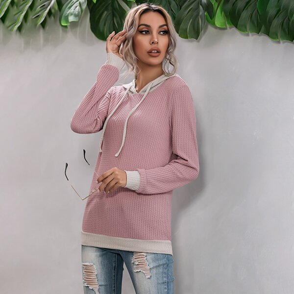 

Contrast Trim Waffle Knit Drawstring Hoodie, Dusty pink