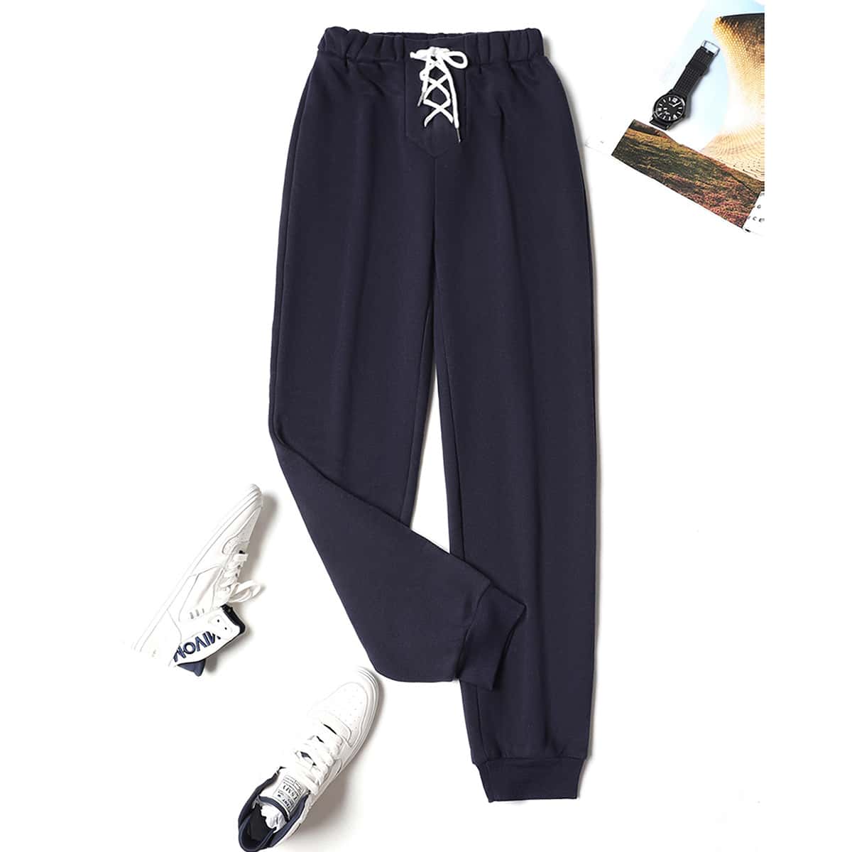 

Lace-up Drawstring Waist Thermal Lined Sweatpants, Navy blue