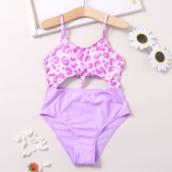 

Girls Leopard Cut-out Knot Hem One Piece Swimsuit, Pastel lilac purple
