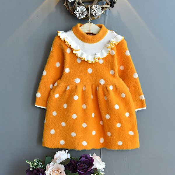 

Toddler Girls Polka Dot Ruffle Trim Knit Dress, Yellow