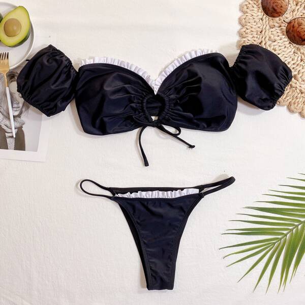 

Frill Tie Front Bardot Thong Bikini Swimsuit, Black