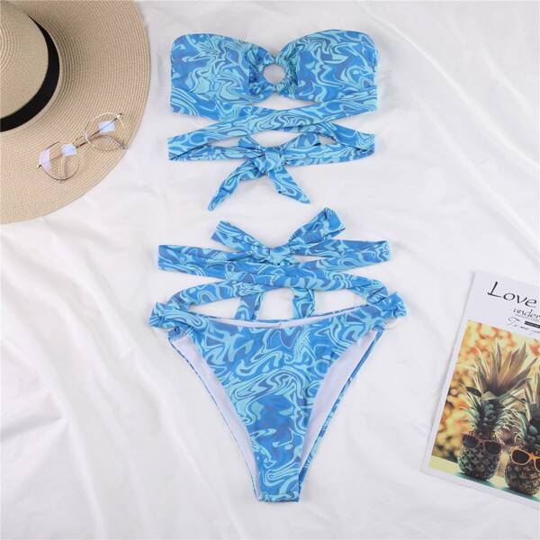 

Allover Graphic Crisscross Bandeau Bikini Swimsuit, Blue