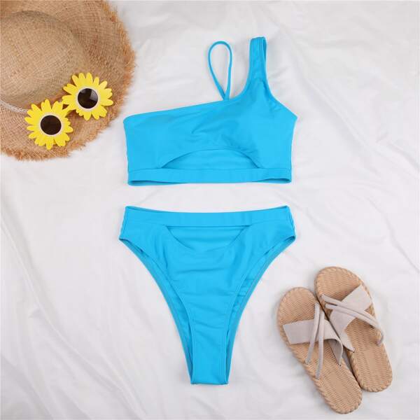 

Cut Out One Shoulder Bikini Swimsuit, Blue
