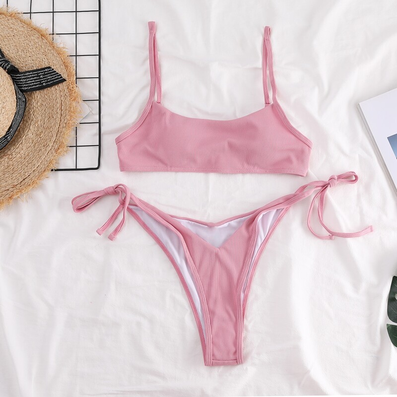 

Rib Tie Side Bikini Swimsuit, Pink