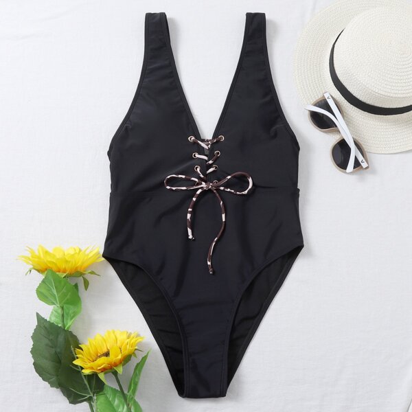 

Lace-up Front One Piece Swimsuit, Black