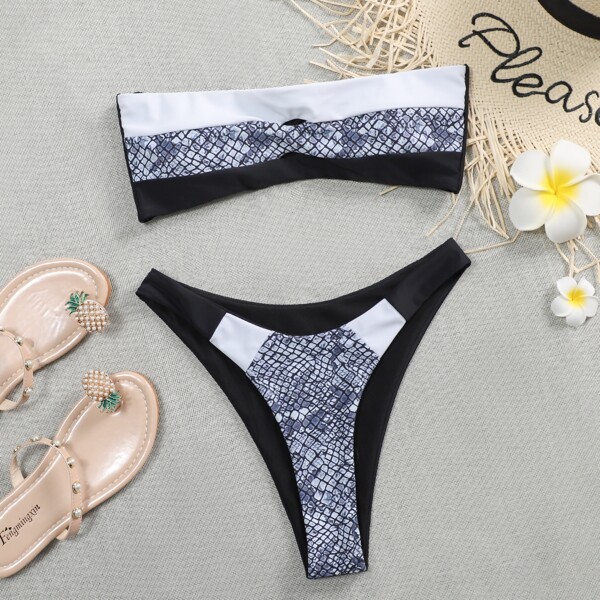 

Croc Print Bandeau Bikini Swimsuit, Black and white