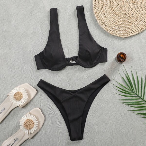 

Rib Underwire Bikini Swimsuit, Black