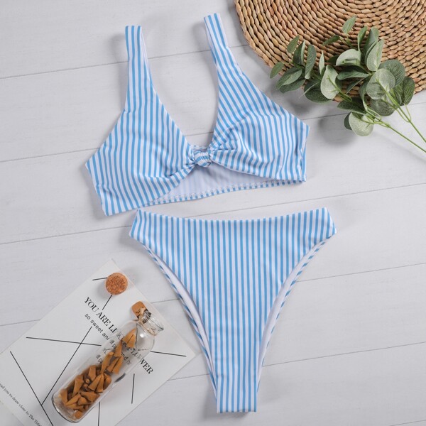 

Striped Knot Detail High Waisted Bikini Swimsuit, Blue and white
