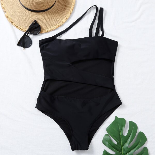 

Cut-out One Shoulder One Piece Swimsuit, Black