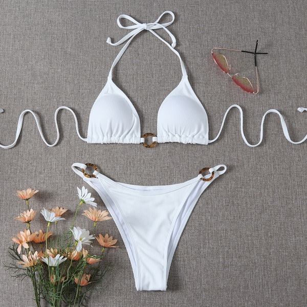 

Rib Ring Linked Triangle Thong Bikini Swimsuit, White