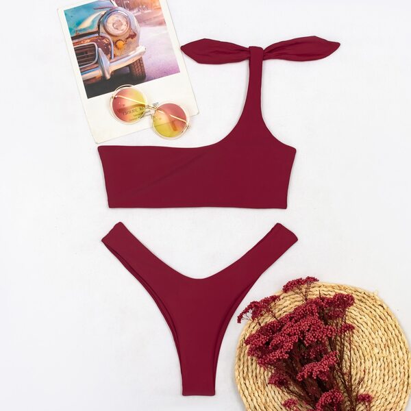 

Knot Detail One Shoulder Bikini Swimsuit, Burgundy