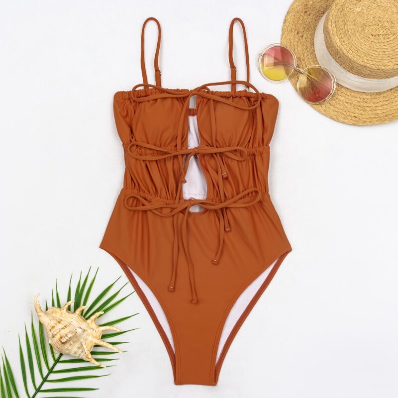 

Drawstring Tie Front One Piece Swimsuit, Burnt orange