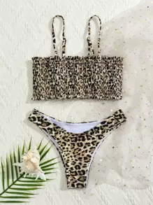 Leopard Smocked Bikini Set Summer Beach - Multicolor - View 5