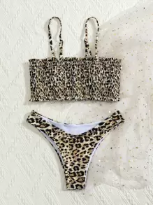 Leopard Smocked Bikini Set Summer Beach - Multicolor - View 6