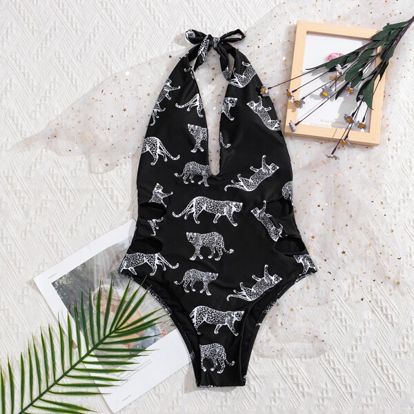 

Animal Print Halter One Piece Swimsuit, Black