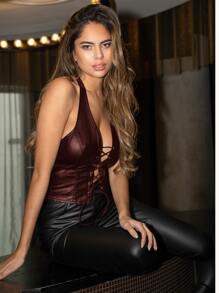 SHEIN BAE Lace Up Detail PU Leather Halter Neck Top - Maroon - View 5