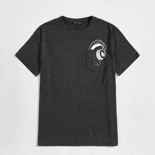 

Men Headset Print Pocket Patched Tee, Dark grey