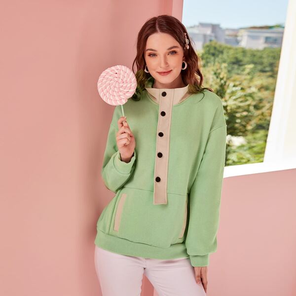 

Half Placket Pocket Front Drop Shoulder Sweatshirt, Lime green