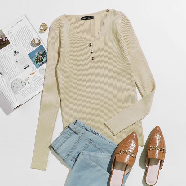 

Button Front Rib-knit Sweater, Khaki