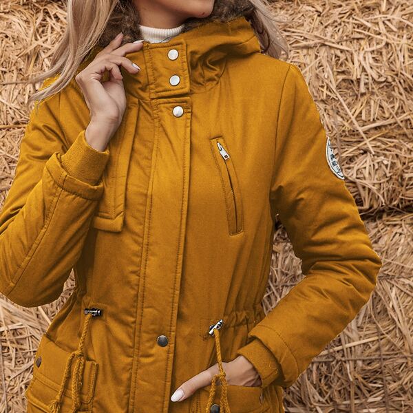 

Dual Pockets Drawstring Waist Parka Coat, Mustard yellow