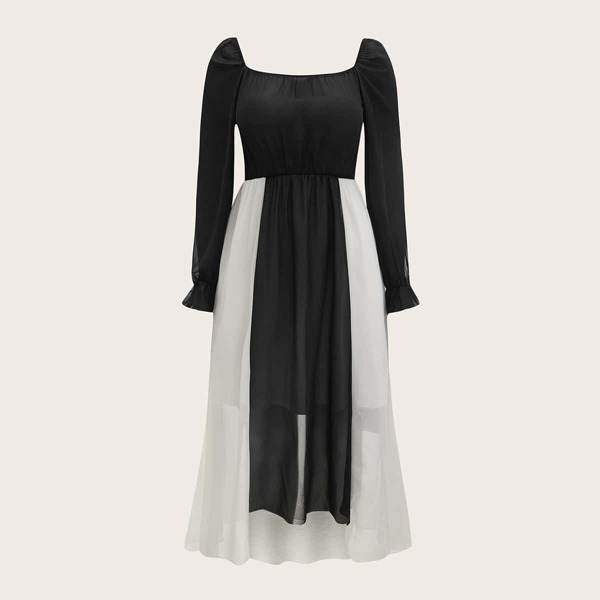 

Plus Square Neck Flounce Sleeve A-line Dress, Black and white