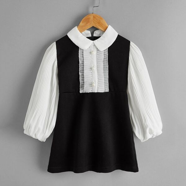 

Toddler Girls Ruffle Trim Pleated Sleeve Dress, Black and white