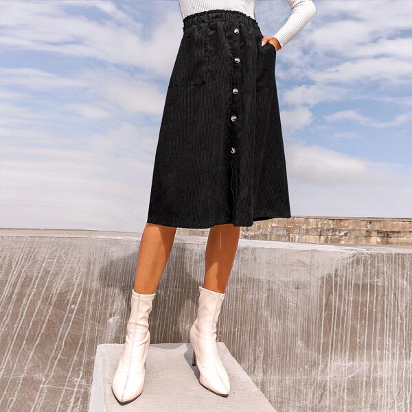 

Paper Bag Waist Button Front Corduroy Skirt, Black