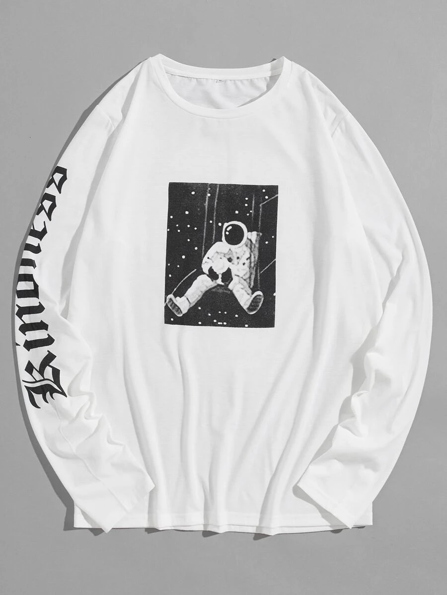 Manfinity Men Spaceman And Letter Graphic Tee - White - View 1