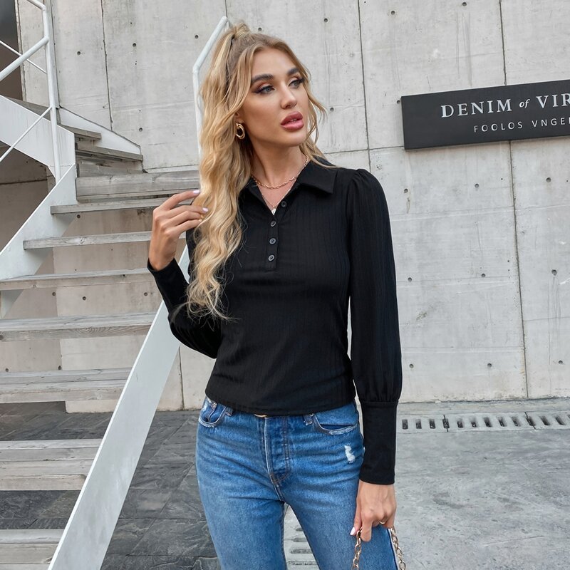 

Half Button Puff Sleeve Ribbed Tee, Black