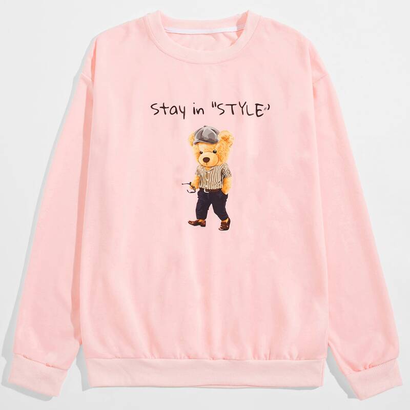 

Guys Cartoon Bear Graphic Sweatshirt, Baby pink