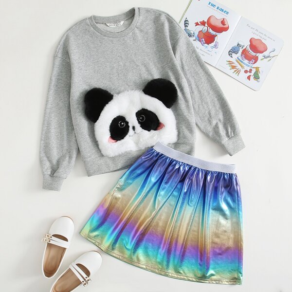 

Girls Panda Patched Pullover and Ombre Metallic Skirt Set, Multicolor