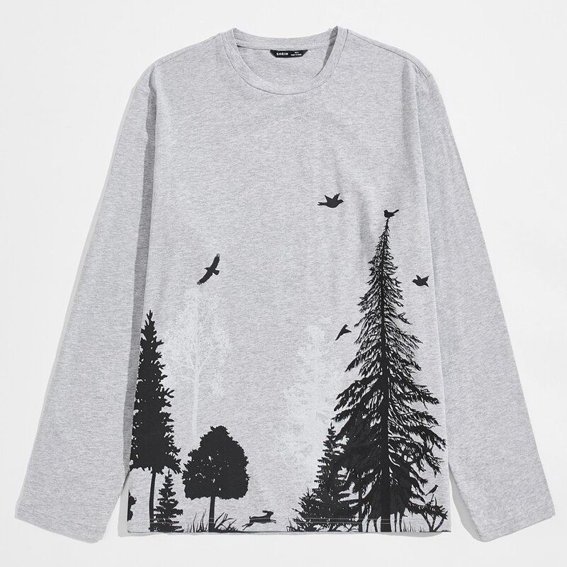 

Men Tree and Bird Print Tee, Light grey