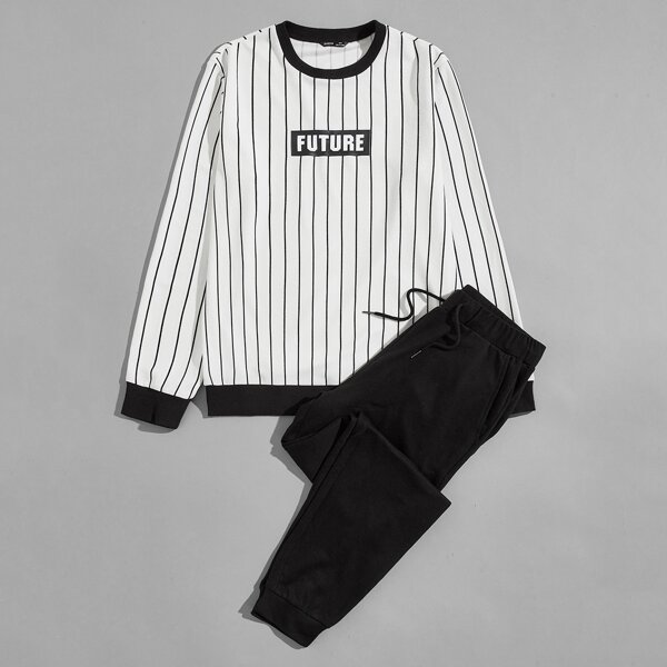 

Men Letter Graphic Striped Pullover and Joggers Set, Black and white