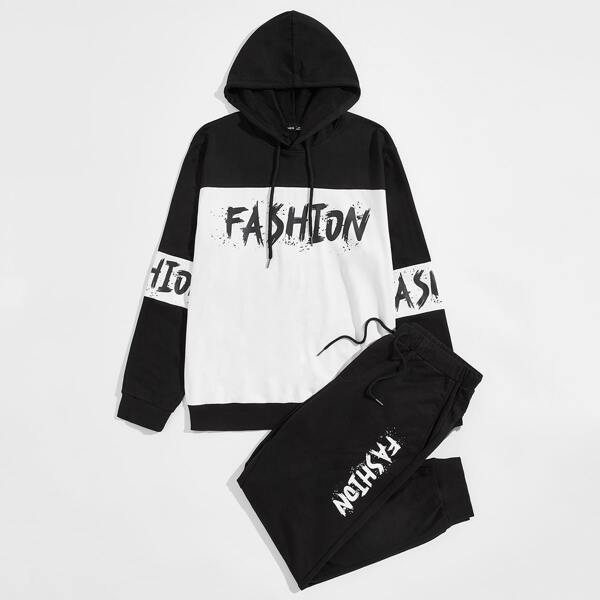 

Men Letter Graphic Two Tone Hoodie and Joggers Set, Black and white