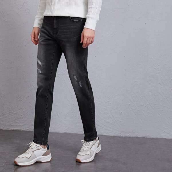 

Men Ripped Slant Pocket Jeans, Black