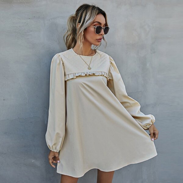 

Lantern Sleeve Frill Trim Dress, Beige