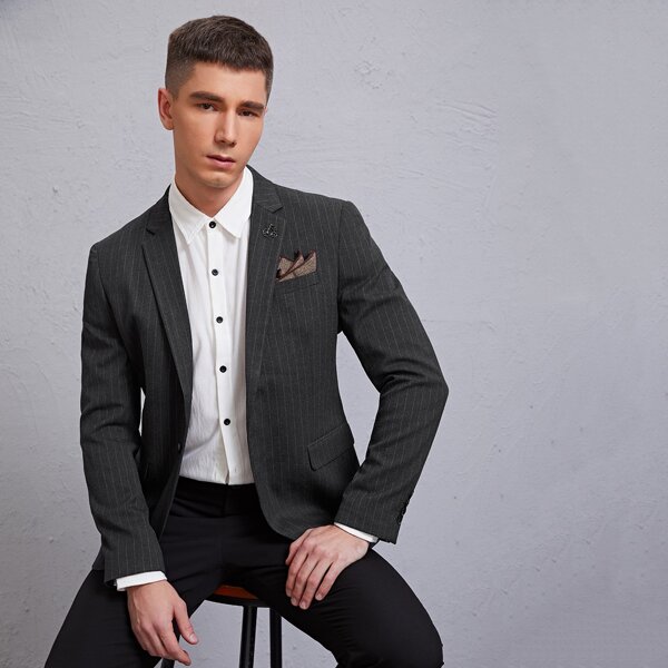 

Men Lapel Neck Striped Blazer, Dark grey