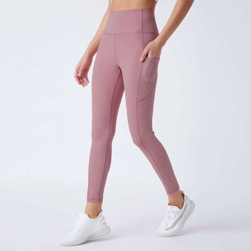 

Breathable Absorbs Sweat Super Elastic Sports Leggings With Phone Pocket, Dusty pink