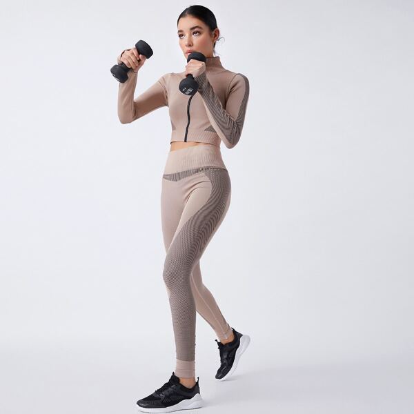 

Seamless Super Elastic Thumb Hole Sports Jacket & Leggings, Apricot
