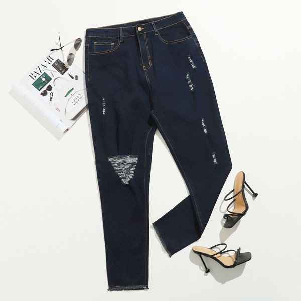 

Plus Zip Fly Ripped Mom Jeans, Dark wash