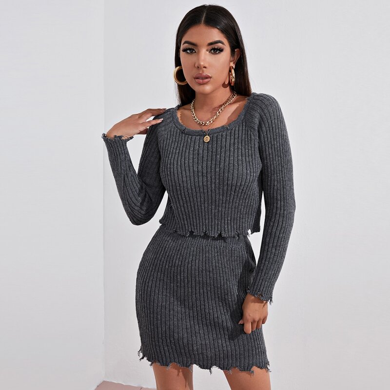 

Scoop Neck Rib-knit Distressed Sweater & Skirt Set, Dark grey