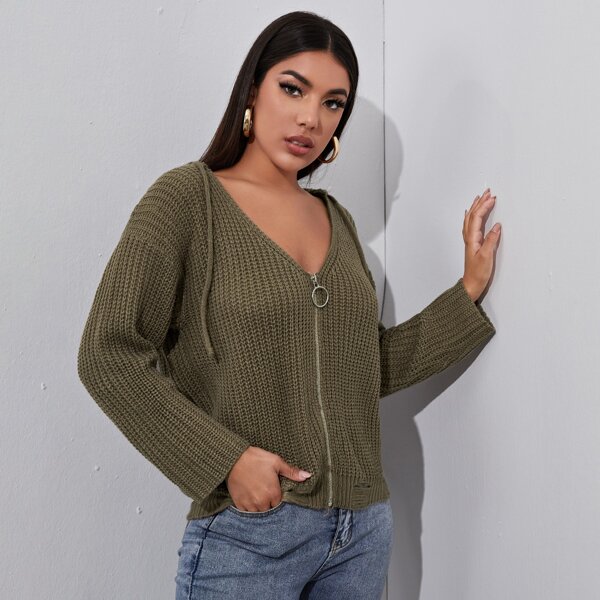 

Zip Up Drop Shoulder Drawstring Hooded Cardigan, Army green