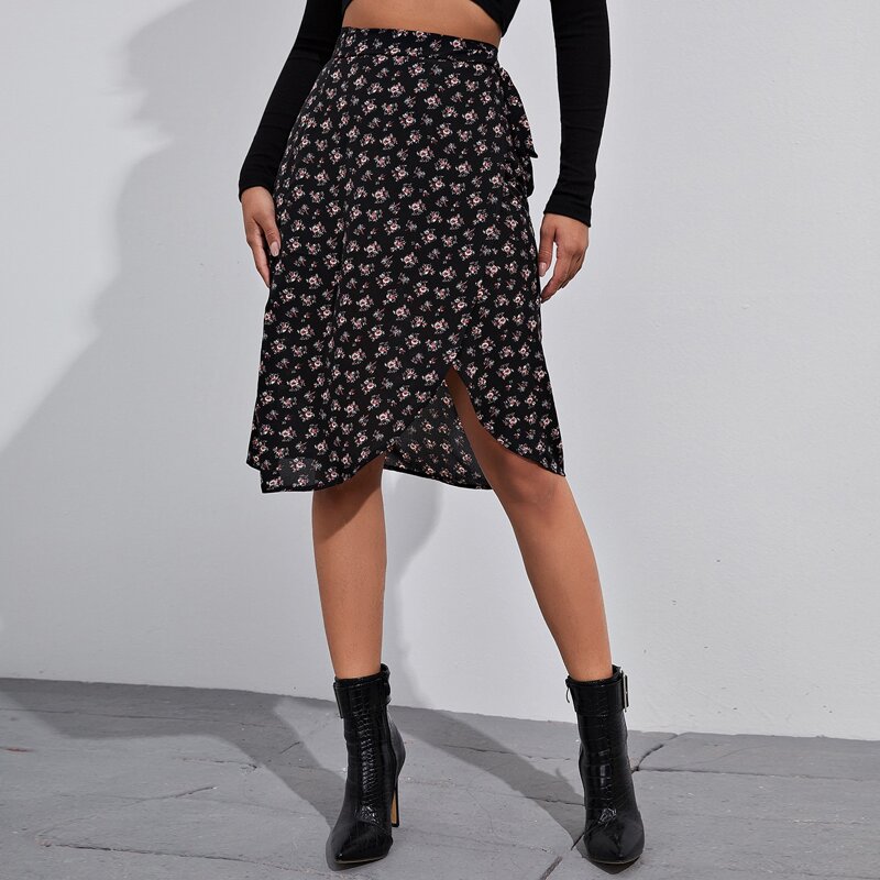

Ditsy Floral Print Wrap Tie Side Skirt, Black