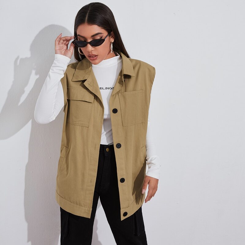 

Button Front Patch Pocket Vest, Khaki