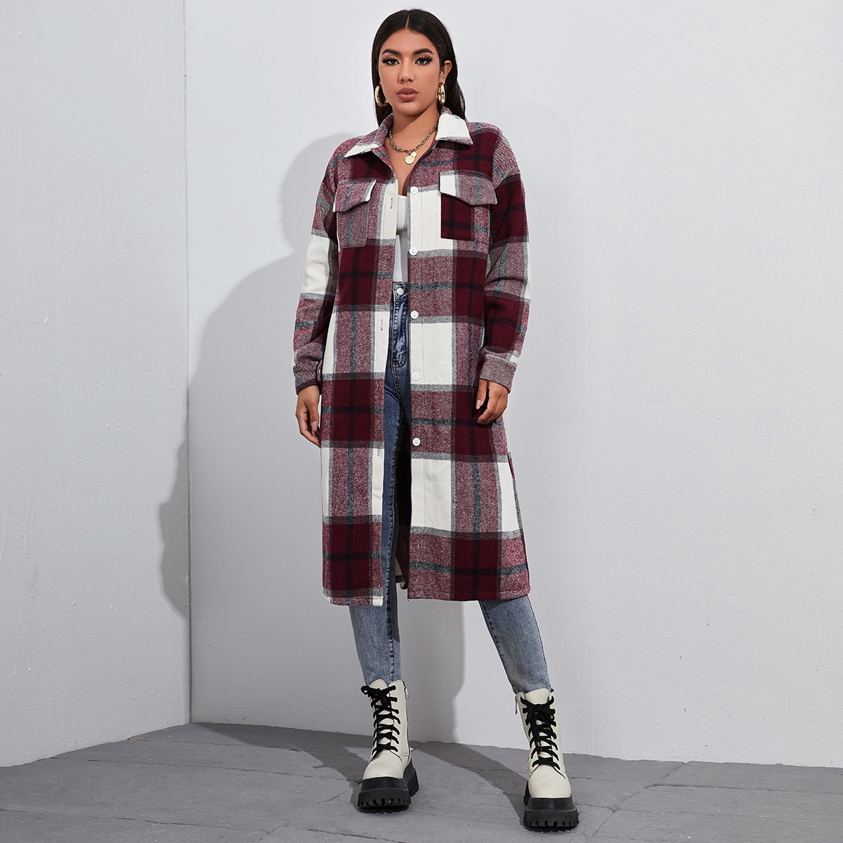Image of Button Front Flap Pocket Plaid Overcoat