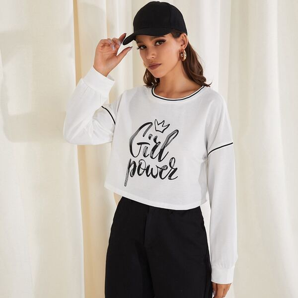 

Letter & Geo Graphic Contrast Binding Crop Pullover, White