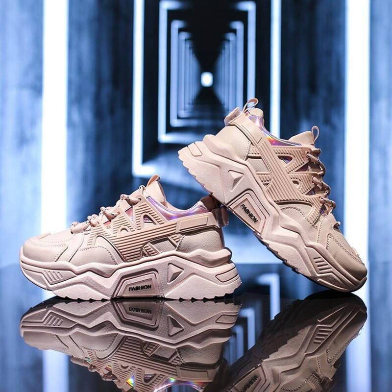 

Holographic Lace-up Chunky Sneakers, Baby pink